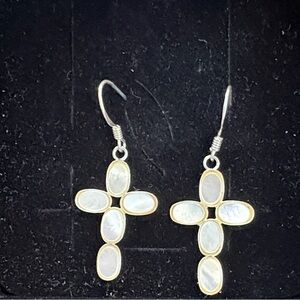 Elegant 925 Sterling Silver Mother Pearl  Cross Earrings